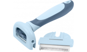 Cat deshedding comb in grey and blue with ergonomic handle, stainless steel blade, and removable head for easy cleaning.