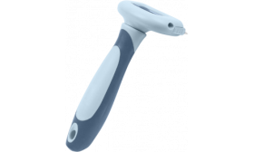 Side view of cat deshedding comb in grey and blue with ergonomic handle, safe and comfortable for cat’s grooming routine.