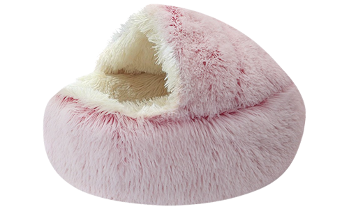 Fluffy pink slipper pet bed with soft cream interior, designed for warmth, comfort, and elegant style for cats of any size.