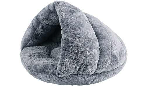Warm thick plush bed for cats in grey with soft interior and insulated design, giving warmth and comfort for all cat sizes.