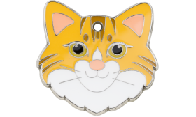 Cute cat tag shaped like a Ginger Cat face with playful engraved features, made of zinc alloy, suitable for cat name tags.