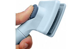 Self-cleaning cat slicker brush in light blue with soft bristles for safe, comfortable grooming and easy-clean button.